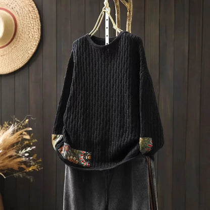 Winter Fall Fashion Vintage Sweater Women's O-neck Loose Casual Lazy-style Casual Pullover Tops Flower Print Patchwork Knitwear