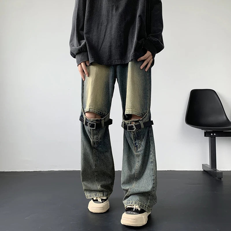 Men's Jeans Retro Trousers Knee Holes Splicing High Street Loose Denim Trousers Flared Jeans Straps Cowboy Casual Long Pants