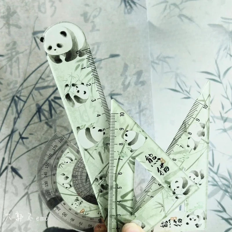 Chinese Cute Panda Bamboo Green Translucent Ruler 4-piece Set Student Plastic Straight Triangle Ruler Protractor Stationery Set