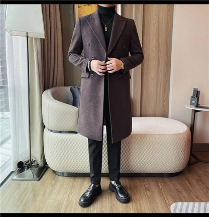 Autumn Winter Vintage Men's Woolen Long Coat Fashion Lapel High Quality Double Breasted Formal Men Slim Fit WindBreaker Overcoat