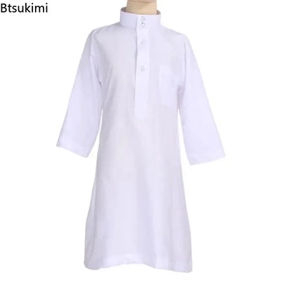 New Islamic Kaftan Children Jubba Thobe Muslim Boys Abaya Kids Burqas White Arab Stand Collar Long Sleeved Robe Muslim Fashion