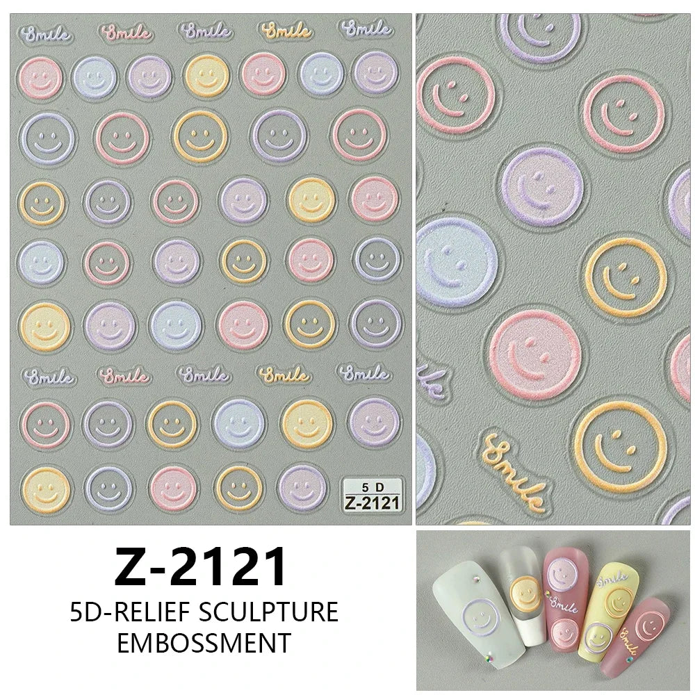 5D Exquisite Smiling Face Nail Stickers Embossed Japanese Macaron Nail Art Self-Adhesive Decorations Accessories DIY