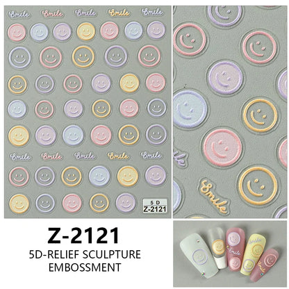 5D Exquisite Smiling Face Nail Stickers Embossed Japanese Macaron Nail Art Self-Adhesive Decorations Accessories DIY