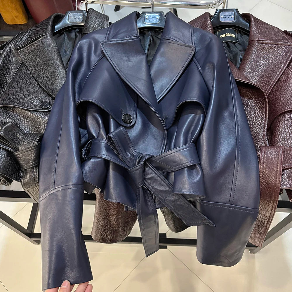 YOLOAgain Vintage Grain Leather Jacket Women Real Leather Sheepskin Jacket With Belt