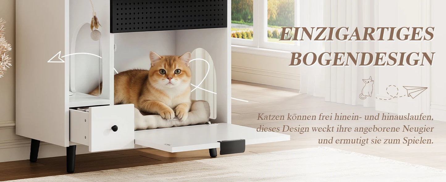 Multifunctional Cat Storage Cabinet with Stable Construction, Adjustable Shelves, Drawers, and Cat Bed Area – Cozy Activity Space for Cats, Pet Furniture with Arch Openings
