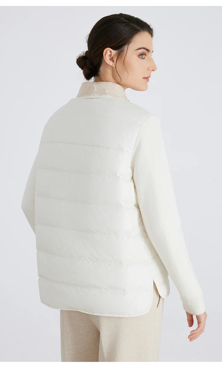 BC911 Polo Collar Spliced 100% Cashmere Long Sleeve Single Breasted White Goose Down Jacket for Women