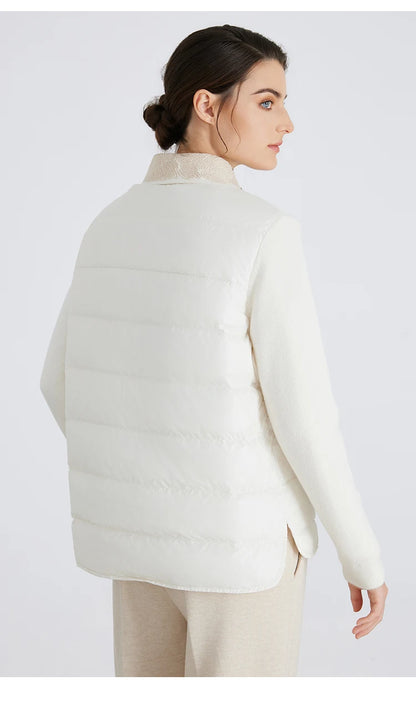 BC911 Polo Collar Spliced 100% Cashmere Long Sleeve Single Breasted White Goose Down Jacket for Women