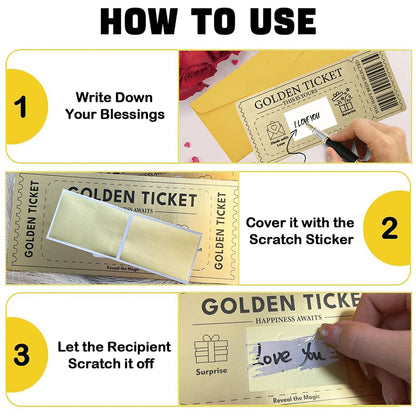3pcs/set Golden Ticket Scratch Card Scratch-off Travel Ticket Set with Envelopes Surprise Reveal Ticket Gift for Valentine's Day