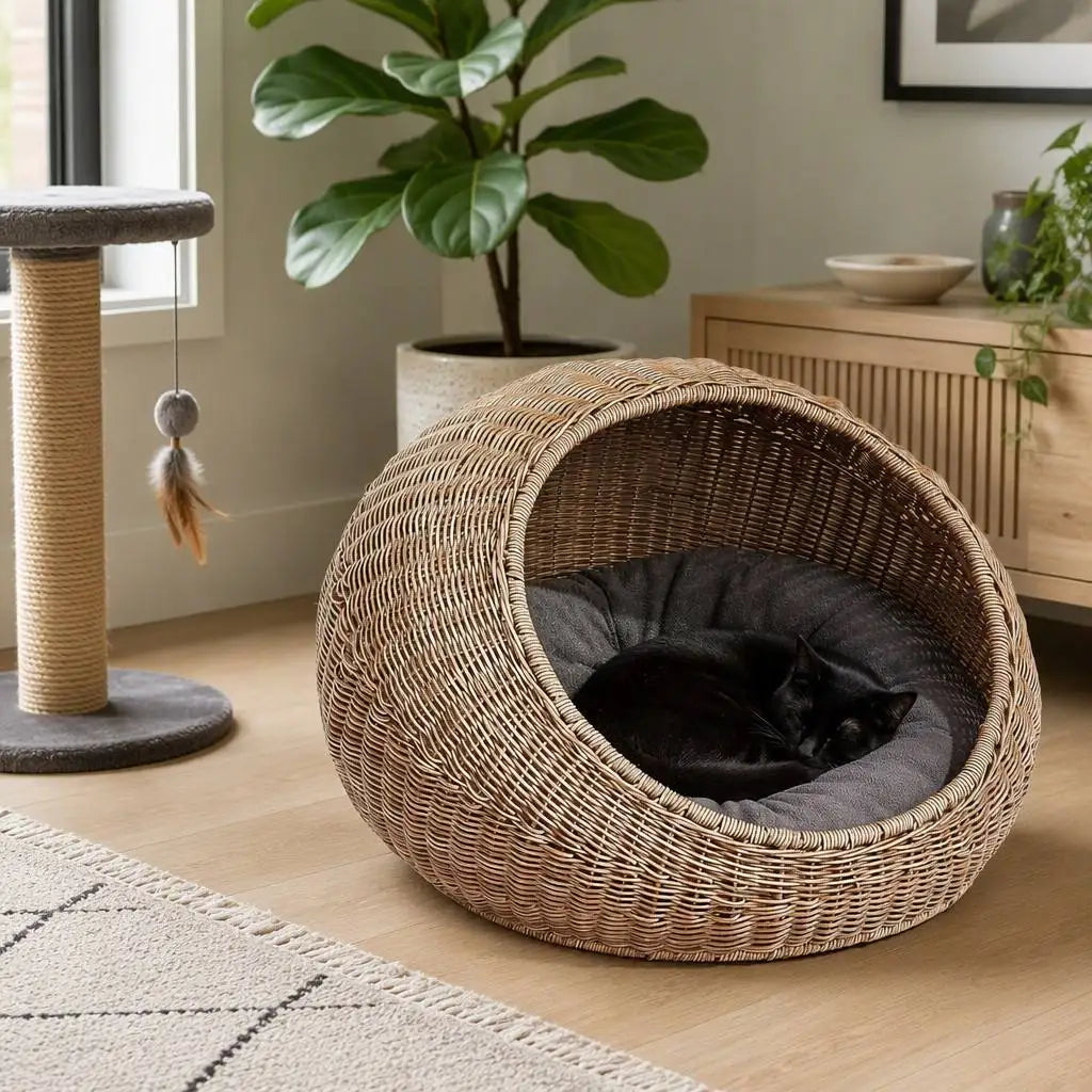 Handwoven Elevated Cat Bed with Soft Cushion & Egg Chair Shape Basket Bed Kitty House with Stand Raised Wicker House for Cats