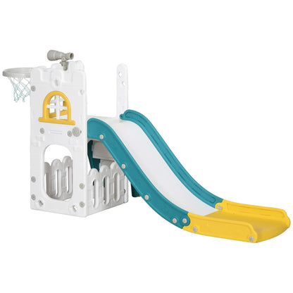 AIYAPLAY 5-in-1 Children's Slide with Basketball Hoop Telescopic & Climbing Rack, 70x177x92 cm Yellow 1-3 Years