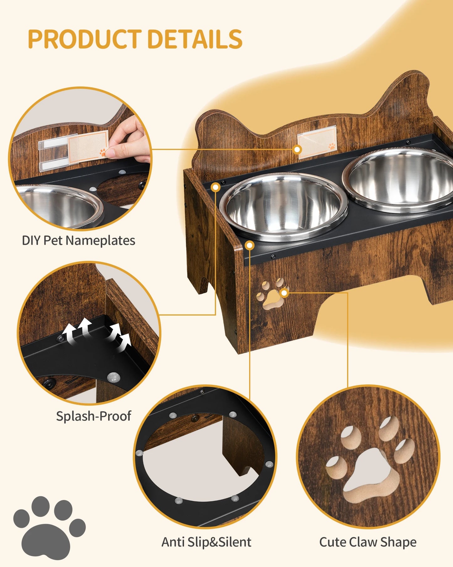Raised Dog Bowl, Includes Two Stainless Steel Bowls with Splash-proof, Squeaky-Free Design, Suitable for Small and Medium Dogs