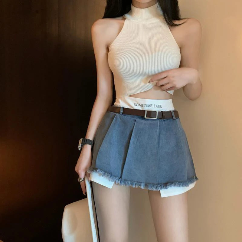 Gidyq Women High Waist Denim Skirts Summer Korean Fashion Patchwork Mini Skirts Streetwear Female Casual Tassels Jeans Skirts