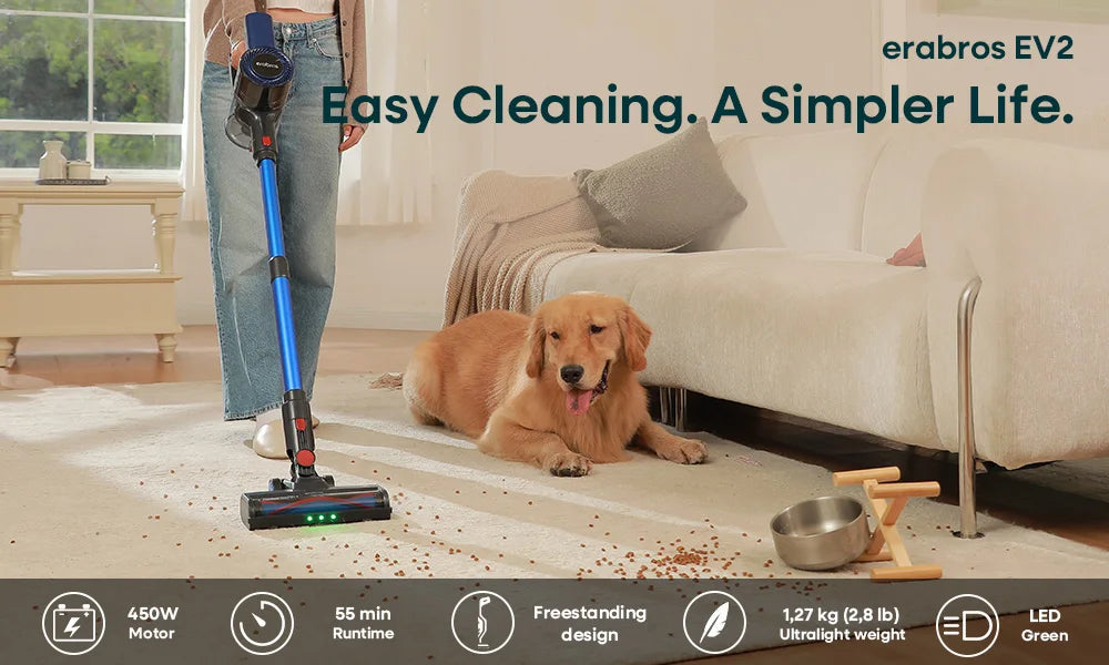 Erabros EV2 Cordless Vacuum Cleaner 450W 55Kpa High Suction Powerful Handheld Home Cleaner Capacity LED Display Floor Carpet