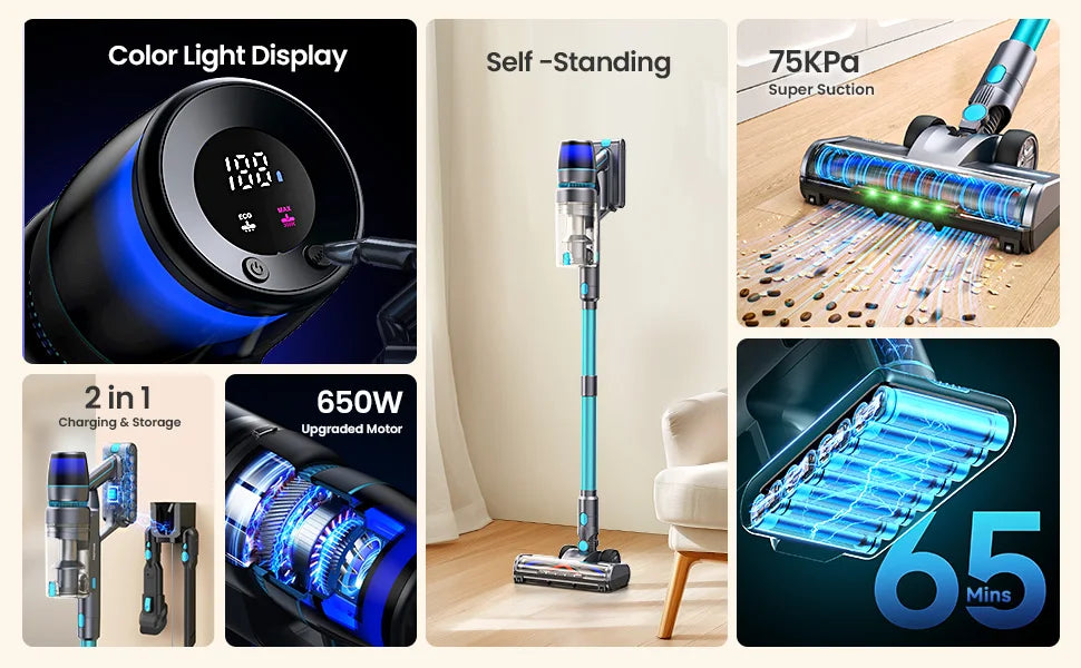 Homore NH007 650W/75KPA Powerful Cordless Vacuum Cleaner with LED Ambient Light, Smart Suction and Self-Standing Design