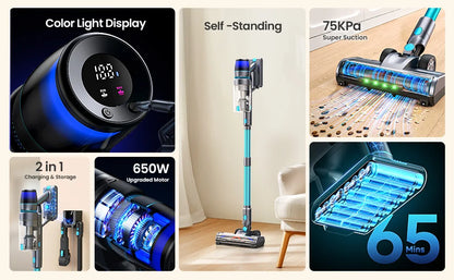 Homore NH007 650W/75KPA Powerful Cordless Vacuum Cleaner with LED Ambient Light, Smart Suction and Self-Standing Design