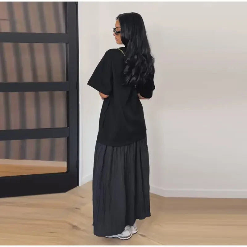 2026 Summer New Loose Patchwork Dresses Women's Pleated Fashion Short Sleeve O-neck Long Robes Female Elegant Casual Dress
