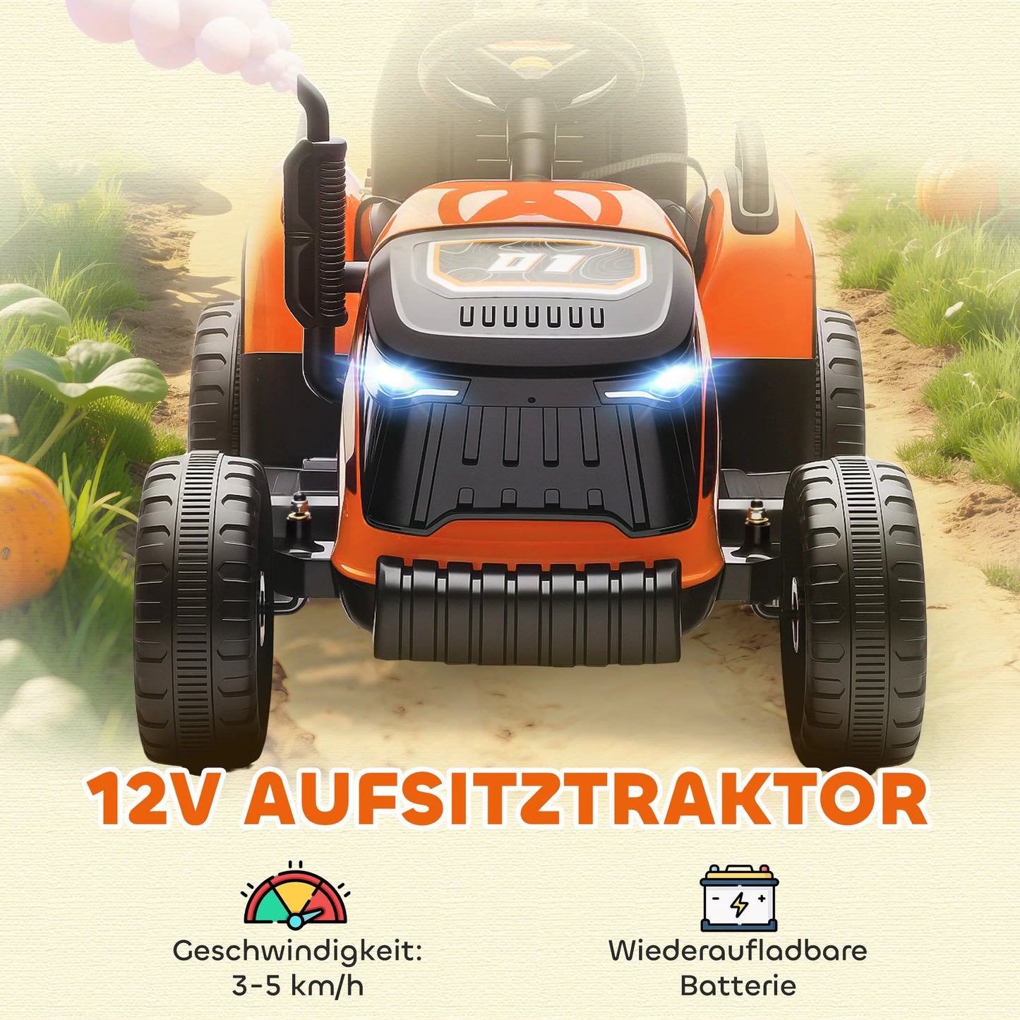 Electric tractor for children, ride-on tractor with remote control, soft start, for children aged 3 to 8, Orange