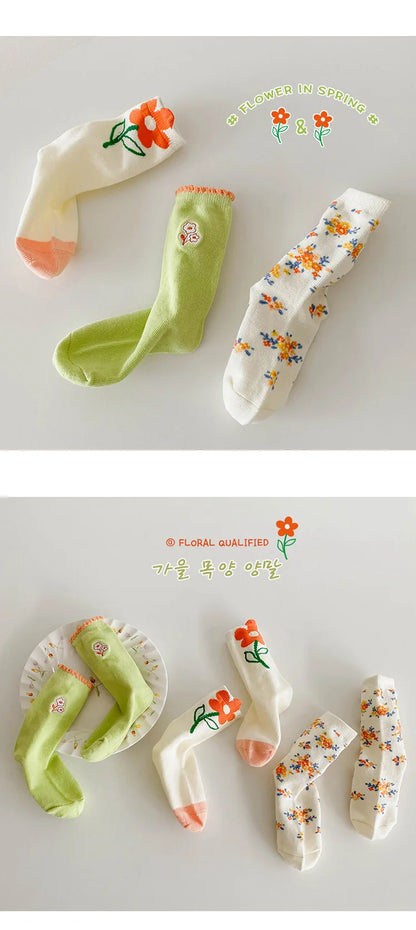 1-12Year 3Pairs Pack 2024 Spring Floral Medium Stockings Embroidery Lace Thin Princess Stockings Girls' Socks