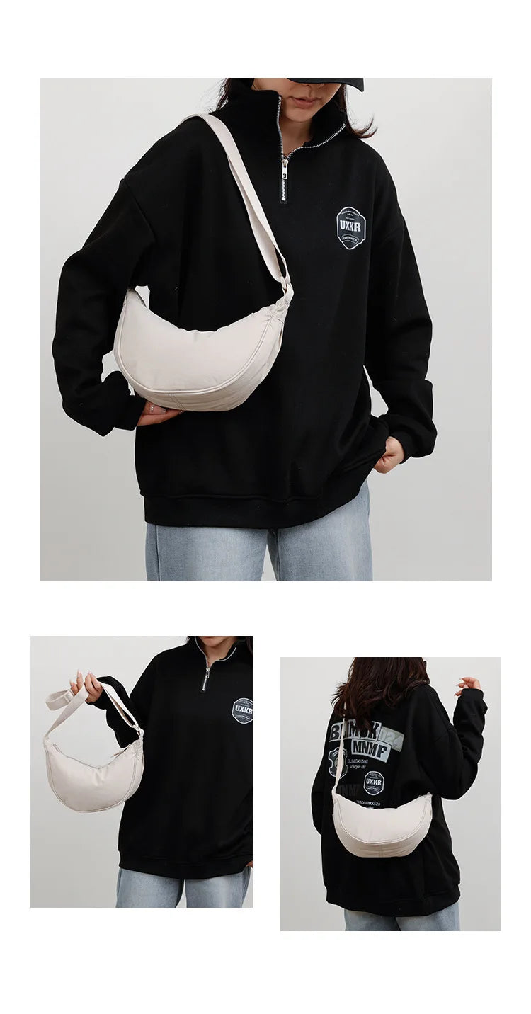 Nylon fabric zipper crossbody bag for men and women, crescent-shaped dumpling bag under the armpits, large capacity