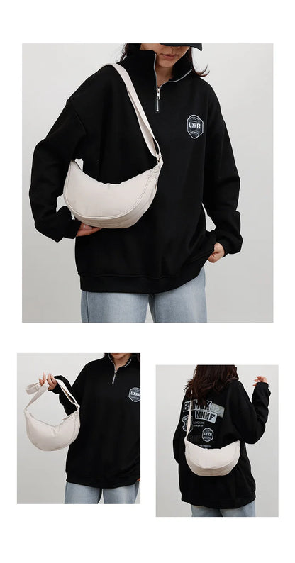 Nylon fabric zipper crossbody bag for men and women, crescent-shaped dumpling bag under the armpits, large capacity