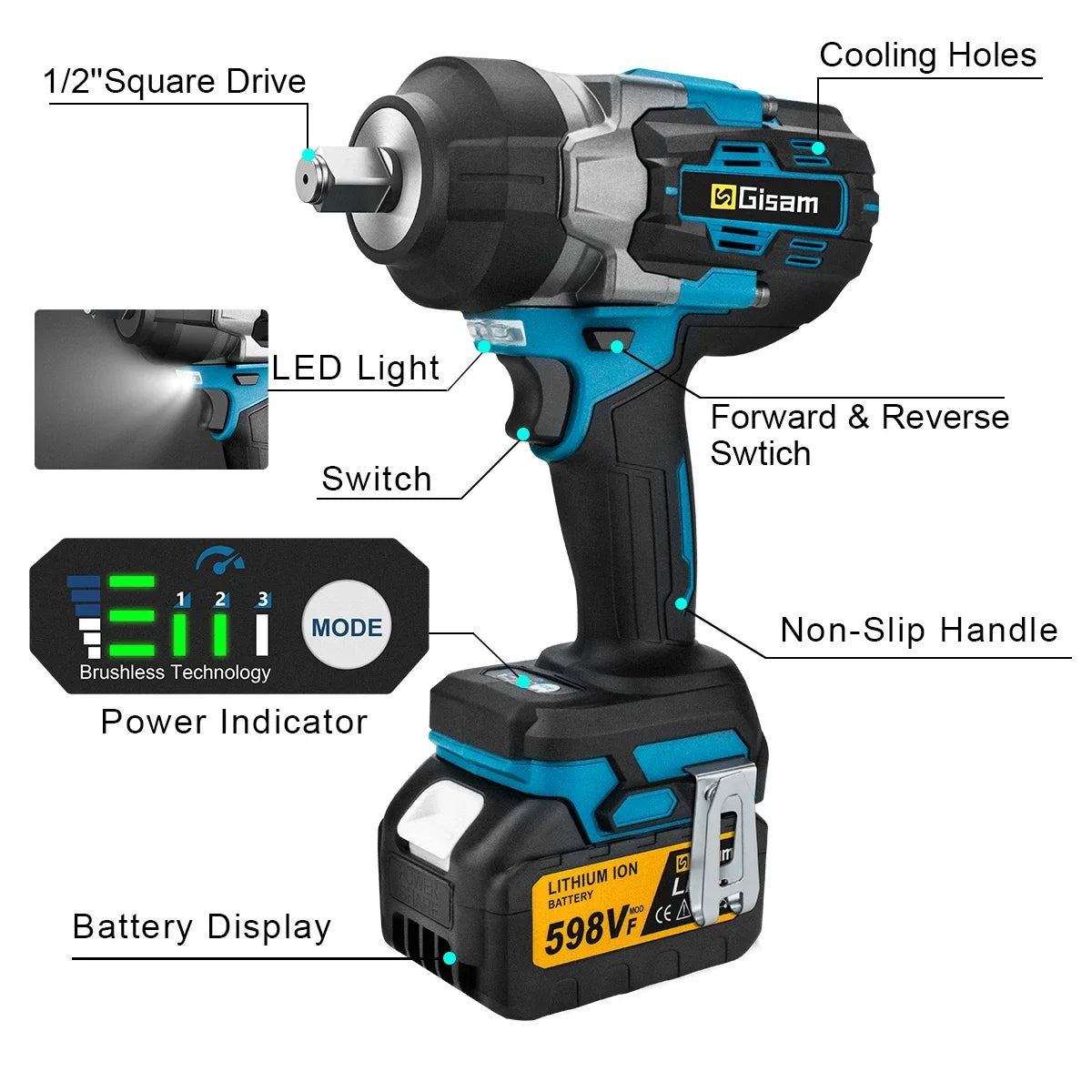 Gisam 2800N.M Brushless Electric Wrench 1/2 Inch Cordless Impact Wrench Electirc Screwdriver Drill For Makita 18V Battery Pin