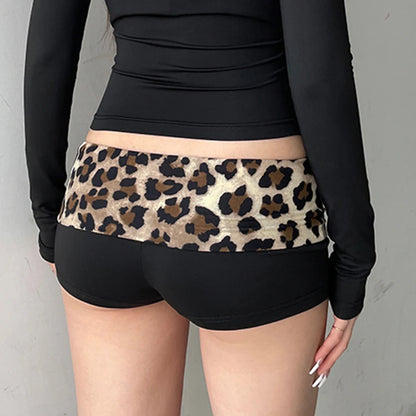SUCHCUTE Leopard Print Patchwork Skinny Shorts Y2K Aesthetic 2000s Elastic Waist Bottoms Women Fashion Grunge Fairycore Clothes