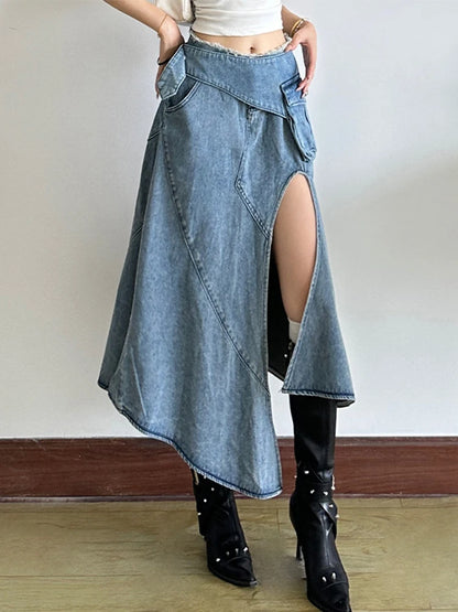 [EAM] High Waist Blue Denim Irregular Hem Slit Midi A-line Half-body Skirt Women Fashion Tide New Spring Autumn 2026 1DJ6538