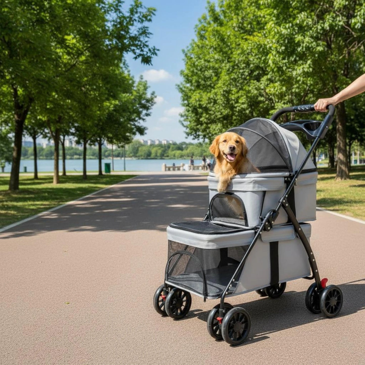 Double-Deck Pet Stroller Lightweight Small Dog Feline Stroller Pet Transport Breathable Mesh Washable for Outdoor, Travel