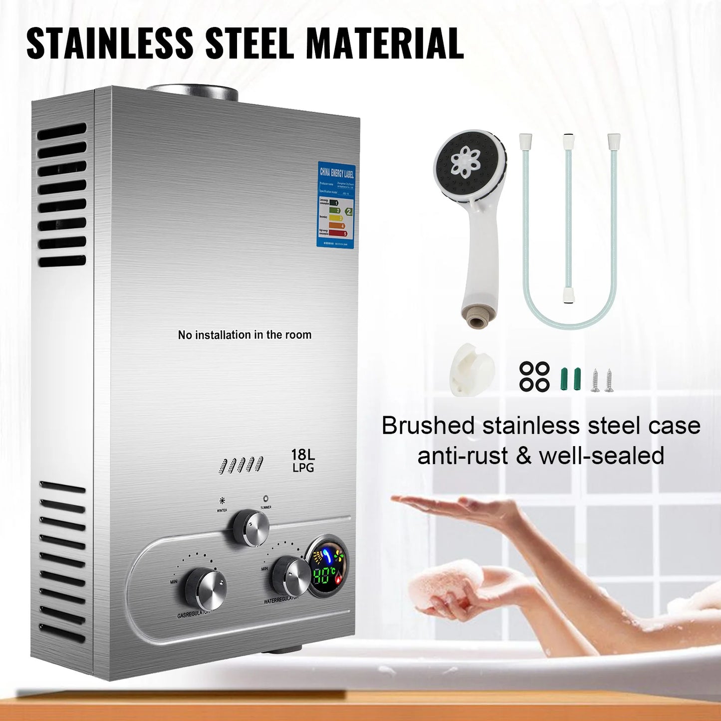 LPG 6L/8L/10L/12L/16L/18L Wasser Heizung 36KW Instant Liquefied Petroleum Gas Wasser heizung Edelstahl Kessel Kit Portable