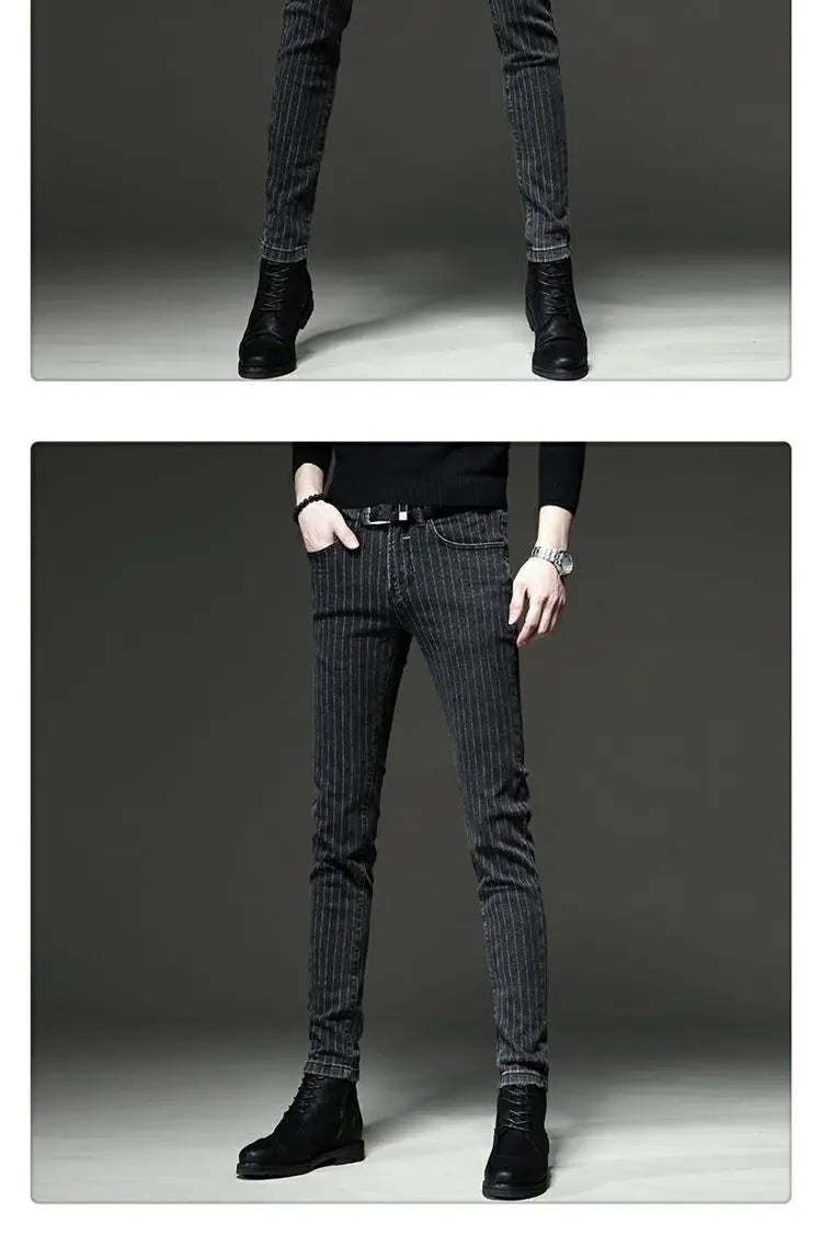 Men's Striped Slim Stylish Casual Pencil Pants Jeans Spring Autumn Korean Trendy Fashion Brand New Elastic Striped Long Trousers