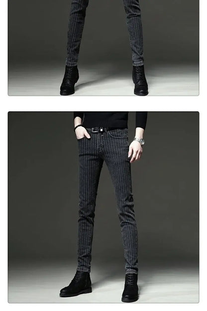 Men's Striped Slim Stylish Casual Pencil Pants Jeans Spring Autumn Korean Trendy Fashion Brand New Elastic Striped Long Trousers