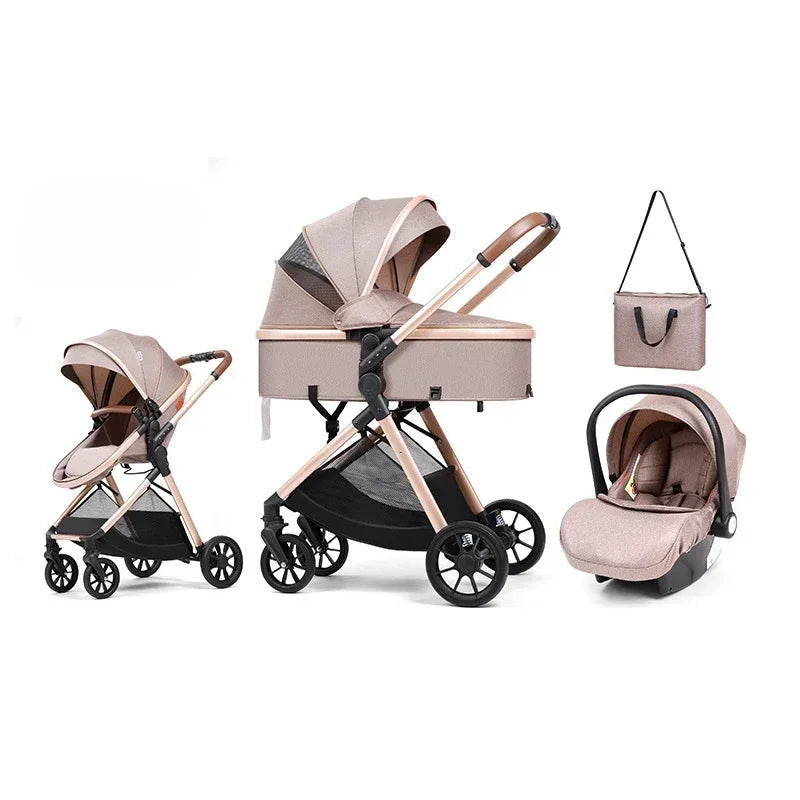 3-in-1 baby stroller, high landscape stroller, equipped with car seat, mom bag, one click folding, can sit and lie down