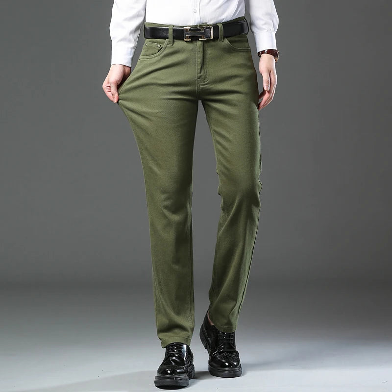 Autumn 96% Cotton Men's Stretch Slim Jeans Army Green Soft Comfortable Casual Straight Denim Pants Trousers Large Size 42