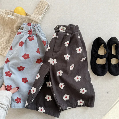 Spring/Summer Calf Length Pants for Girls Floral Print Anti-mosquito Breeches Korean Kid's Loose 7 Point Pants Childrens Clothes