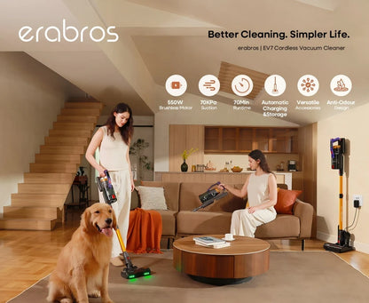 Erabros EV7 Cordless Vacuum Cleaner 70KPa 550W Handheld Stick Vacuum, 70Min Runtime, with Charging Storage Base, Anti-Tangle Brush, with Aroma Design, Powerful Cordless Vacuum Cleaner for Home Clean Carpet Hard Floor Pet Hair