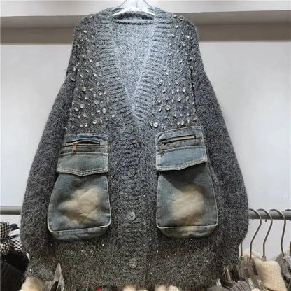 DEAT Women's Cardigan V-neck Patchwork Denim Pockets Diamonds Loose Long Sleeve Knitted Sweaters 2026 New Autumn Fashion 29A3243