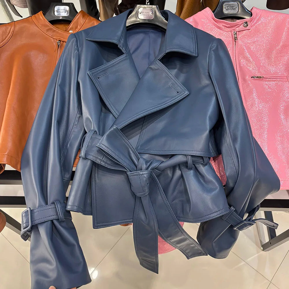 YOLOAgain 2025 Autumn Elegant Real Leather Jacket Coat Women Oversized Leather Jacket With Belt
