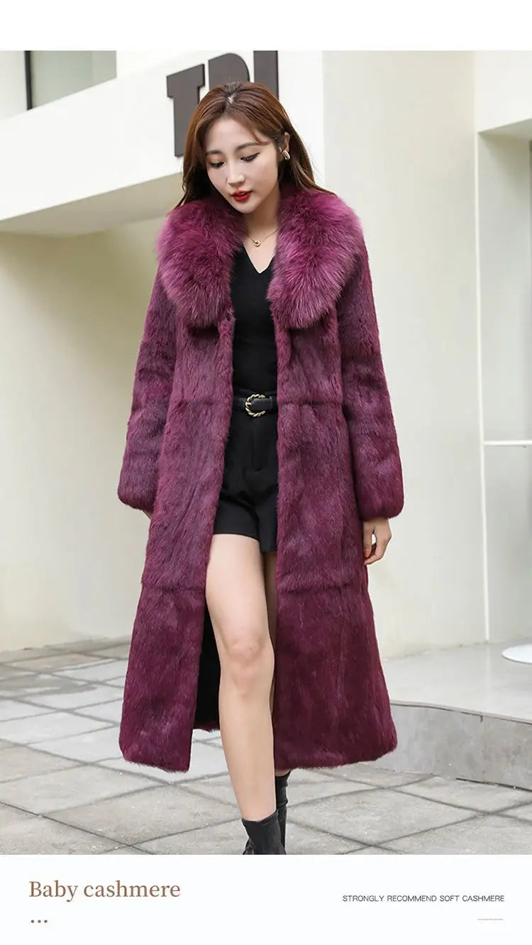 Real Rex Rabbit Fur Coat Women Autumn Winter Long Jacket Thick Warm New Fashion Fox Fur Collar Elegant Female Warm Outerwear
