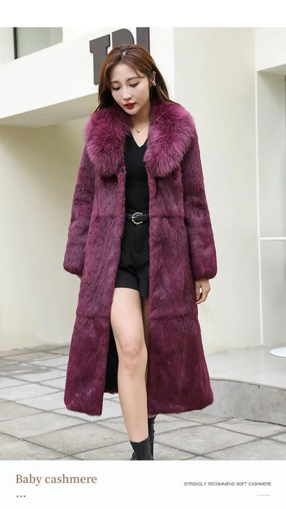Real Rex Rabbit Fur Coat Women Autumn Winter Long Jacket Thick Warm New Fashion Fox Fur Collar Elegant Female Warm Outerwear