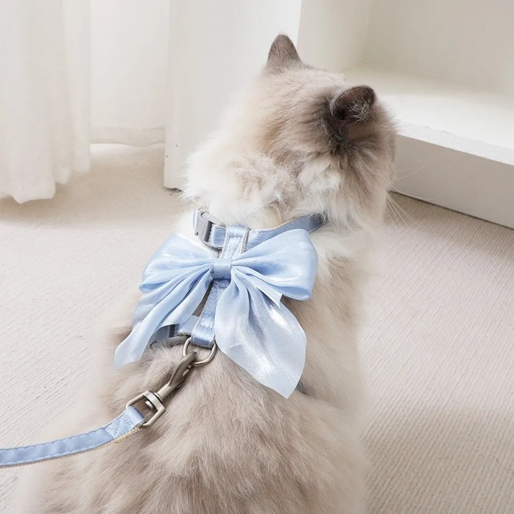 Cute Adjustable Bowknot Cat Harness Leash Escape Proof Shiny Bowknot Pet Harness Traction Rope Pet Decoration
