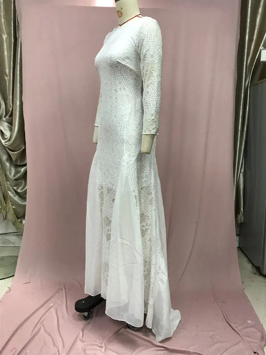 Foreign Style Evening Dress Woman's Sexy Lace Patchwork Backless Wedding Dresses Ladies Elegant Long Sleeves Party Prom Vestidos