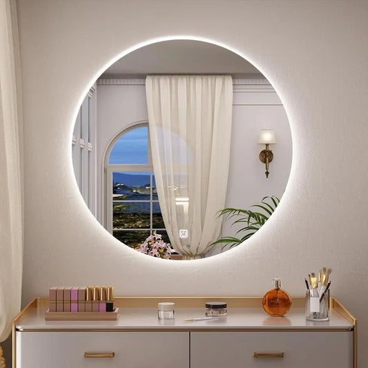 Smart Round Bathroom Mirror With LED Backlit Lights Wall Mounted Mirror 3 Colors Memory Stepless Dimmable Waterpoof IP54 Touch Switch