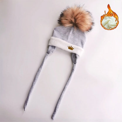 Newborn Baby hat for Boys Girls with ear Warmmer earflap rope Winter Cotton Beanie Pom Pom Bobble crown Hat Cap Hat for Kids boy