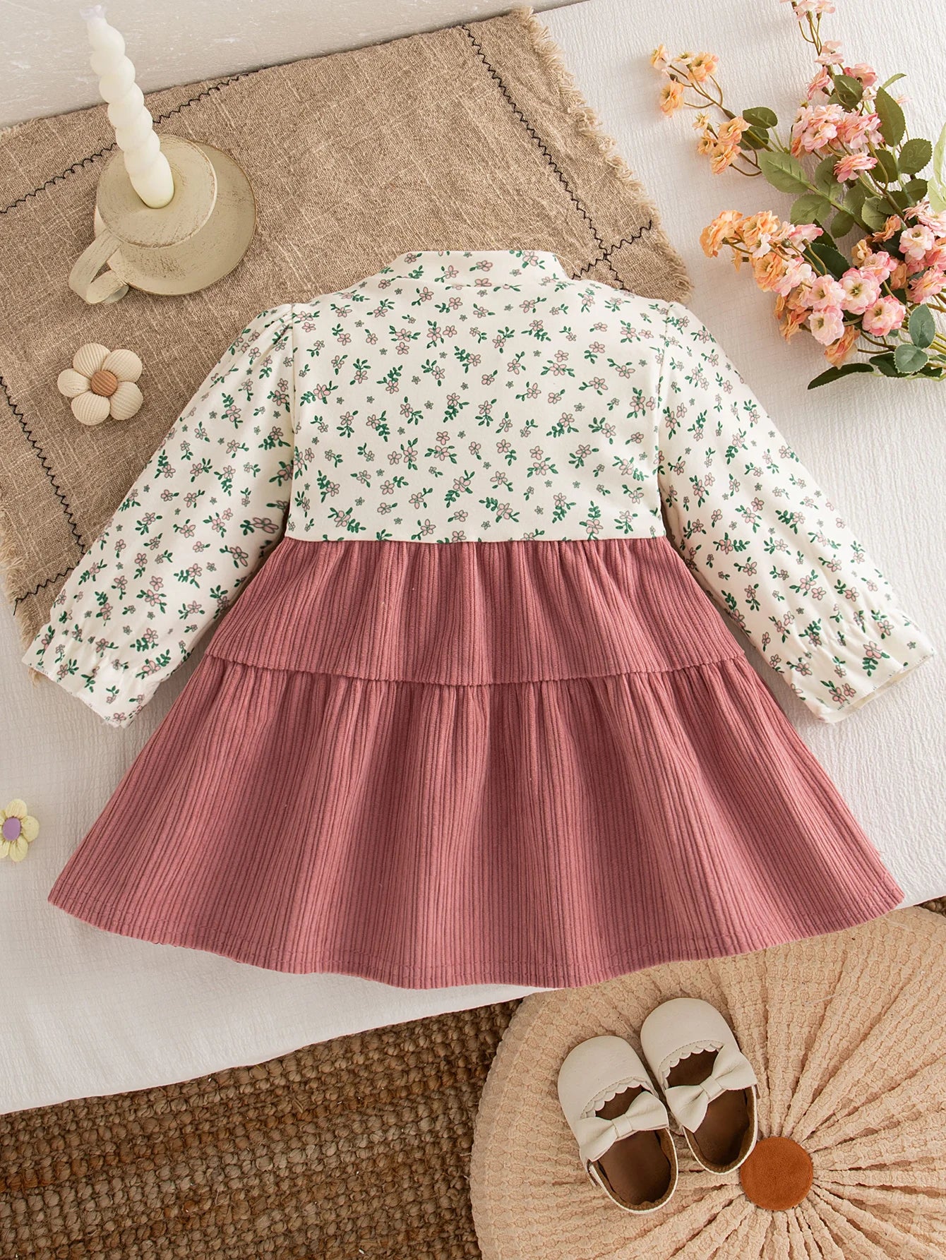 Retro Floral Print Toddler Baby Dress Long Sleeve Casual Outfit Baby Girls Daily Play Clothes Comfortable Baby Wear