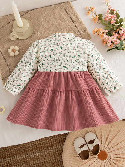 Retro Floral Print Toddler Baby Dress Long Sleeve Casual Outfit Baby Girls Daily Play Clothes Comfortable Baby Wear