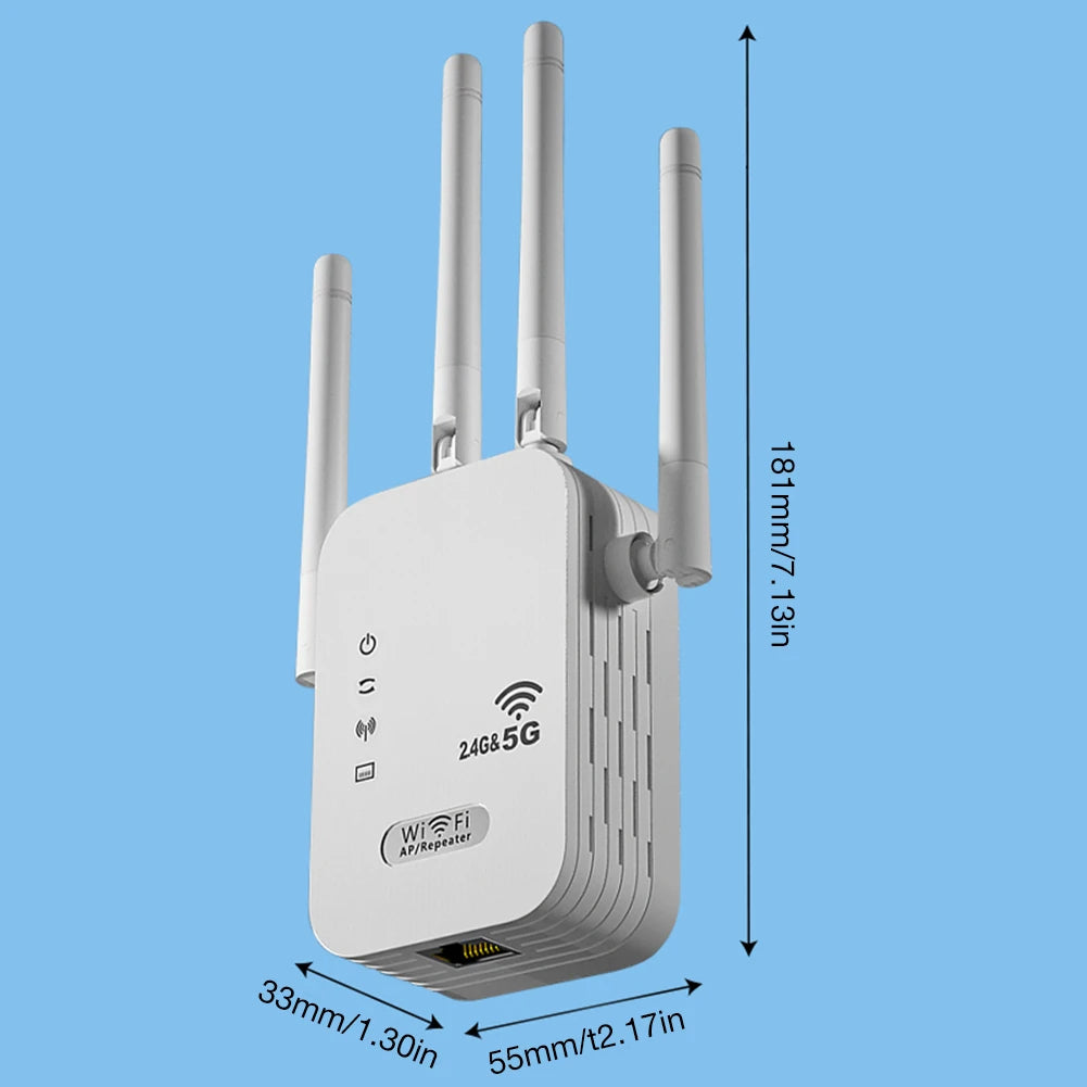 1200Mbps WiFi Repeater Signal Amplifier Dual Band 2.4G 5G WI-FI Signal Booster Long Range WIFI Network Extender for Home Office
