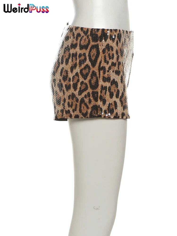 Weird Puss Sexy Sequins Shorts Women Leopard Print Patchwork Wild Skinny Basic Club Street Summer Midnight Sexy Trend Buttoms