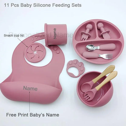 11Pcs Silicone Feeding Sets For Baby Personalized Name Children's Tableware Suction Cup Plates Bowl Spoon Feeding Cups BPA Free