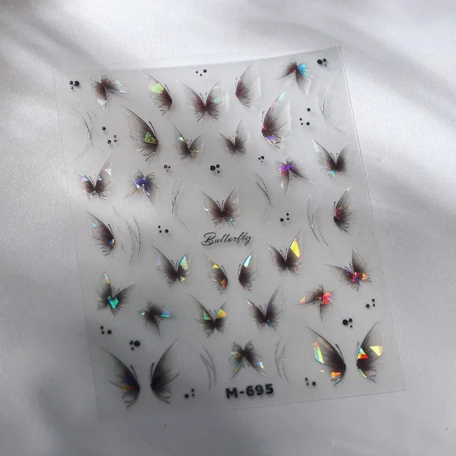 Shiny Jelly Butterfly Charming Golden Gradient Bowknot 5D Self Adhesive Nail Art Sticker Flower Petal Rhinestone Manicure Decals