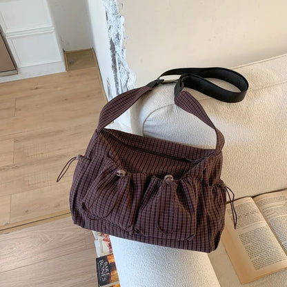 Korean Nylon Shoulder Bag Fashion Simple Plaid Zipper Tote Bag Drawstring Pleated Cloud Bag New Commuter Crossbody Shoulder Bag